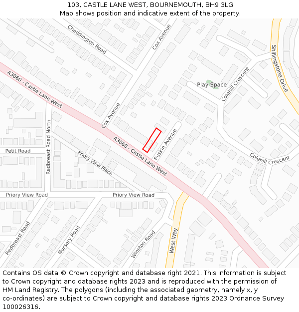 103, CASTLE LANE WEST, BOURNEMOUTH, BH9 3LG: Location map and indicative extent of plot