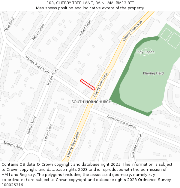 103, CHERRY TREE LANE, RAINHAM, RM13 8TT: Location map and indicative extent of plot