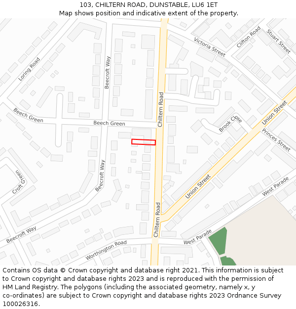 103, CHILTERN ROAD, DUNSTABLE, LU6 1ET: Location map and indicative extent of plot