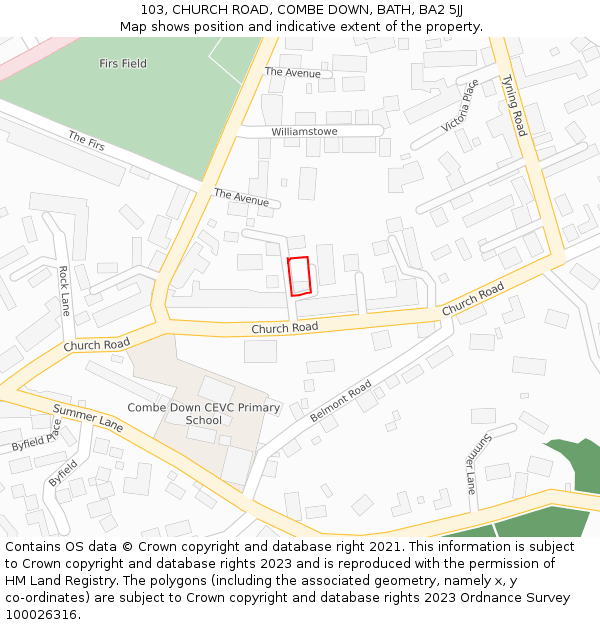 103, CHURCH ROAD, COMBE DOWN, BATH, BA2 5JJ: Location map and indicative extent of plot