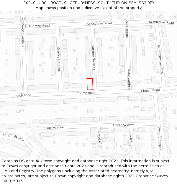 103, CHURCH ROAD, SHOEBURYNESS, SOUTHEND-ON-SEA, SS3 9EY: Location map and indicative extent of plot