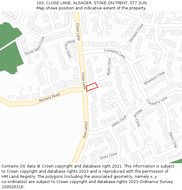 103, CLOSE LANE, ALSAGER, STOKE-ON-TRENT, ST7 2UN: Location map and indicative extent of plot