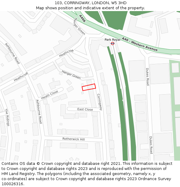 103, CORRINGWAY, LONDON, W5 3HD: Location map and indicative extent of plot