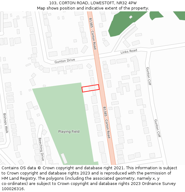 103, CORTON ROAD, LOWESTOFT, NR32 4PW: Location map and indicative extent of plot