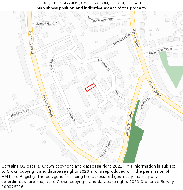 103, CROSSLANDS, CADDINGTON, LUTON, LU1 4EP: Location map and indicative extent of plot