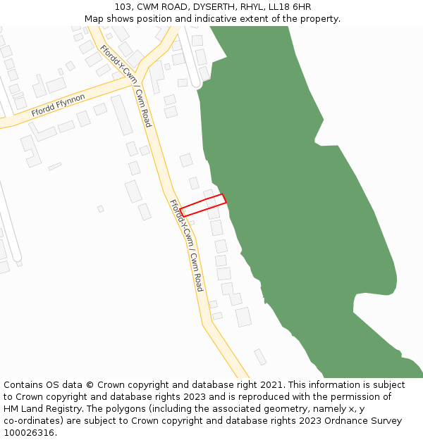 103, CWM ROAD, DYSERTH, RHYL, LL18 6HR: Location map and indicative extent of plot