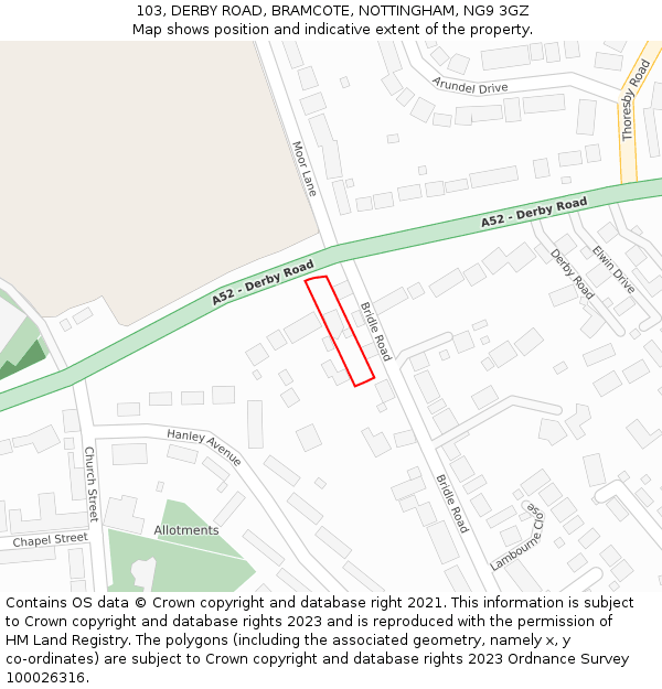 103, DERBY ROAD, BRAMCOTE, NOTTINGHAM, NG9 3GZ: Location map and indicative extent of plot