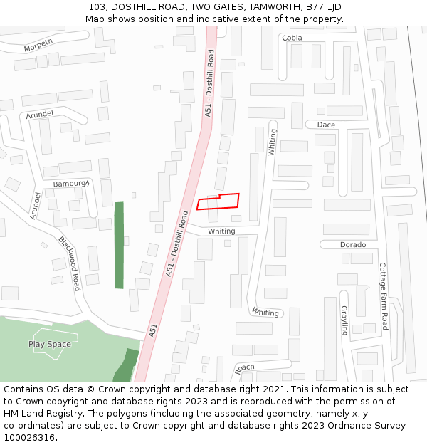 103, DOSTHILL ROAD, TWO GATES, TAMWORTH, B77 1JD: Location map and indicative extent of plot