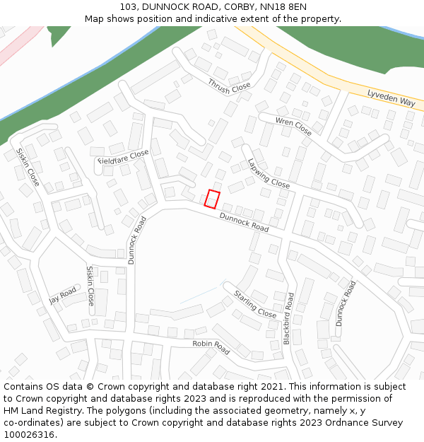 103, DUNNOCK ROAD, CORBY, NN18 8EN: Location map and indicative extent of plot