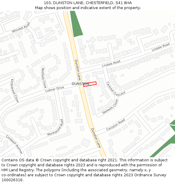 103, DUNSTON LANE, CHESTERFIELD, S41 8HA: Location map and indicative extent of plot
