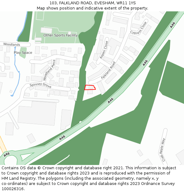 103, FALKLAND ROAD, EVESHAM, WR11 1YS: Location map and indicative extent of plot