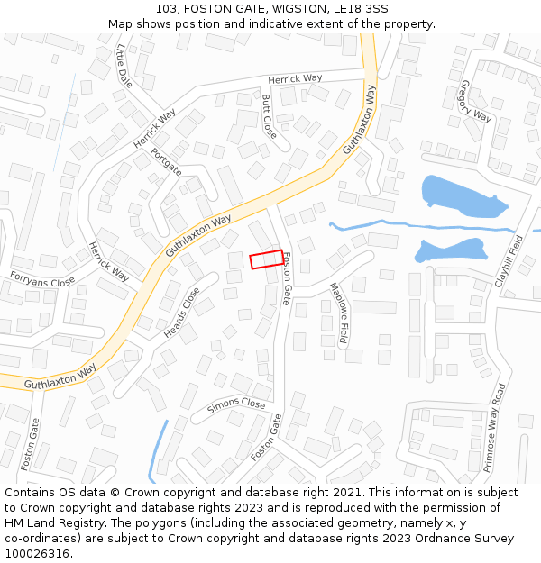 103, FOSTON GATE, WIGSTON, LE18 3SS: Location map and indicative extent of plot