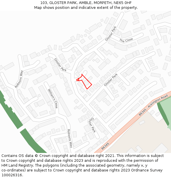 103, GLOSTER PARK, AMBLE, MORPETH, NE65 0HF: Location map and indicative extent of plot