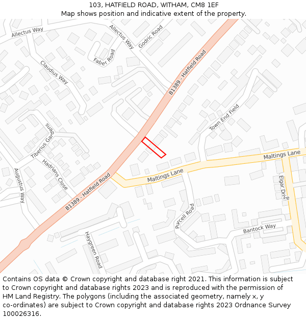 103, HATFIELD ROAD, WITHAM, CM8 1EF: Location map and indicative extent of plot