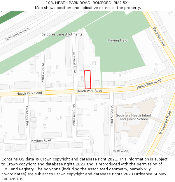 103, HEATH PARK ROAD, ROMFORD, RM2 5XH: Location map and indicative extent of plot