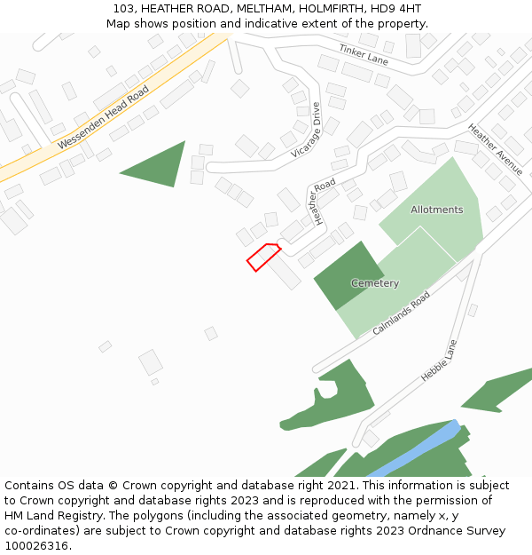 103, HEATHER ROAD, MELTHAM, HOLMFIRTH, HD9 4HT: Location map and indicative extent of plot