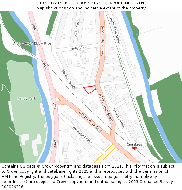 103, HIGH STREET, CROSS KEYS, NEWPORT, NP11 7FN: Location map and indicative extent of plot