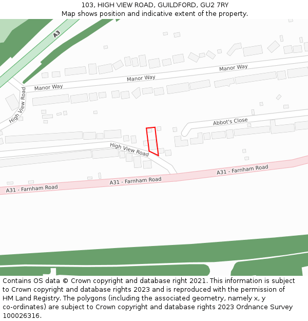 103, HIGH VIEW ROAD, GUILDFORD, GU2 7RY: Location map and indicative extent of plot