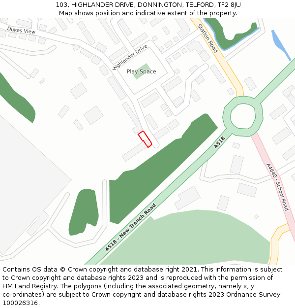 103, HIGHLANDER DRIVE, DONNINGTON, TELFORD, TF2 8JU: Location map and indicative extent of plot
