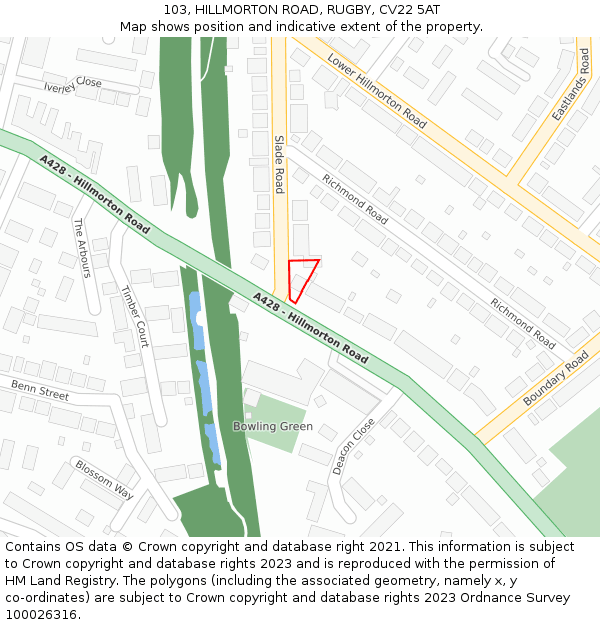 103, HILLMORTON ROAD, RUGBY, CV22 5AT: Location map and indicative extent of plot