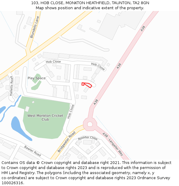 103, HOB CLOSE, MONKTON HEATHFIELD, TAUNTON, TA2 8GN: Location map and indicative extent of plot