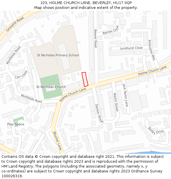 103, HOLME CHURCH LANE, BEVERLEY, HU17 0QP: Location map and indicative extent of plot