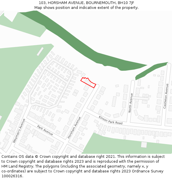 103, HORSHAM AVENUE, BOURNEMOUTH, BH10 7JF: Location map and indicative extent of plot