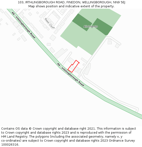 103, IRTHLINGBOROUGH ROAD, FINEDON, WELLINGBOROUGH, NN9 5EJ: Location map and indicative extent of plot