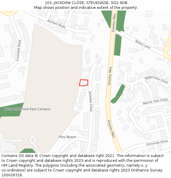 103, JACKDAW CLOSE, STEVENAGE, SG2 9DB: Location map and indicative extent of plot
