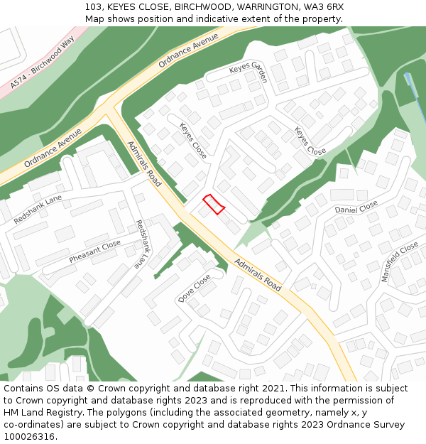 103, KEYES CLOSE, BIRCHWOOD, WARRINGTON, WA3 6RX: Location map and indicative extent of plot