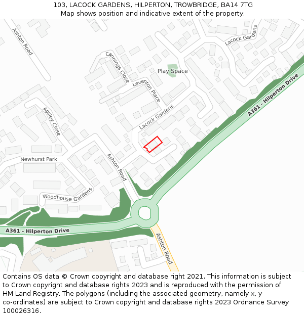 103, LACOCK GARDENS, HILPERTON, TROWBRIDGE, BA14 7TG: Location map and indicative extent of plot