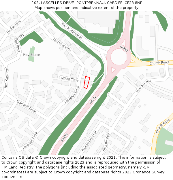 103, LASCELLES DRIVE, PONTPRENNAU, CARDIFF, CF23 8NP: Location map and indicative extent of plot