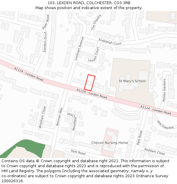 103, LEXDEN ROAD, COLCHESTER, CO3 3RB: Location map and indicative extent of plot