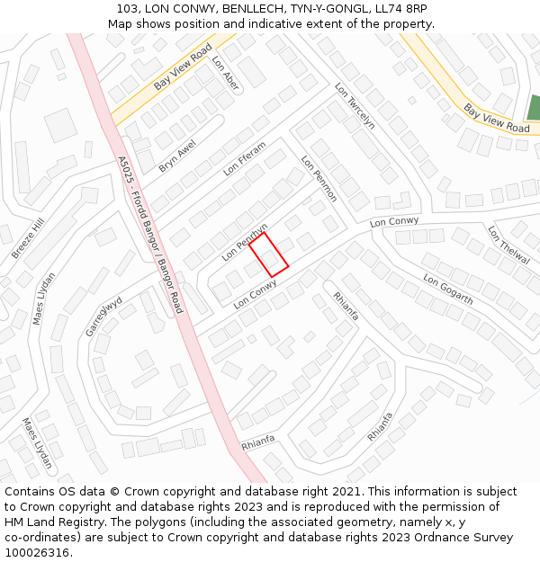 103, LON CONWY, BENLLECH, TYN-Y-GONGL, LL74 8RP: Location map and indicative extent of plot