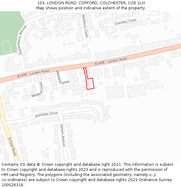 103, LONDON ROAD, COPFORD, COLCHESTER, CO6 1LH: Location map and indicative extent of plot