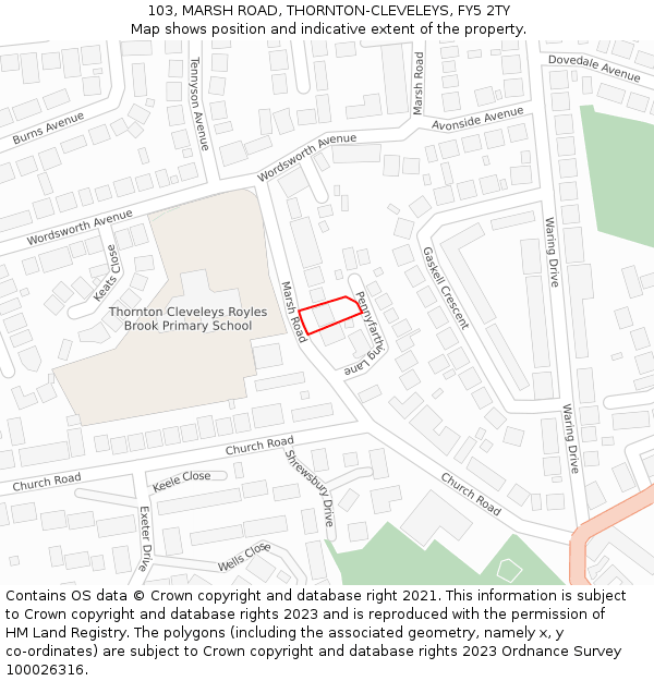 103, MARSH ROAD, THORNTON-CLEVELEYS, FY5 2TY: Location map and indicative extent of plot
