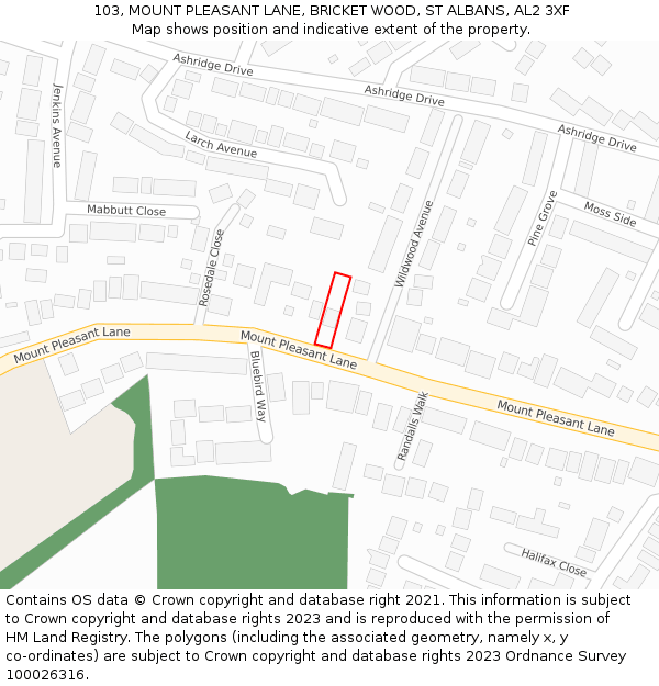103, MOUNT PLEASANT LANE, BRICKET WOOD, ST ALBANS, AL2 3XF: Location map and indicative extent of plot