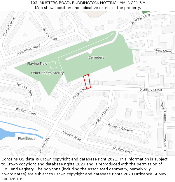 103, MUSTERS ROAD, RUDDINGTON, NOTTINGHAM, NG11 6JA: Location map and indicative extent of plot