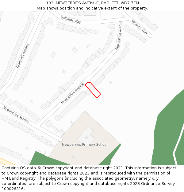 103, NEWBERRIES AVENUE, RADLETT, WD7 7EN: Location map and indicative extent of plot