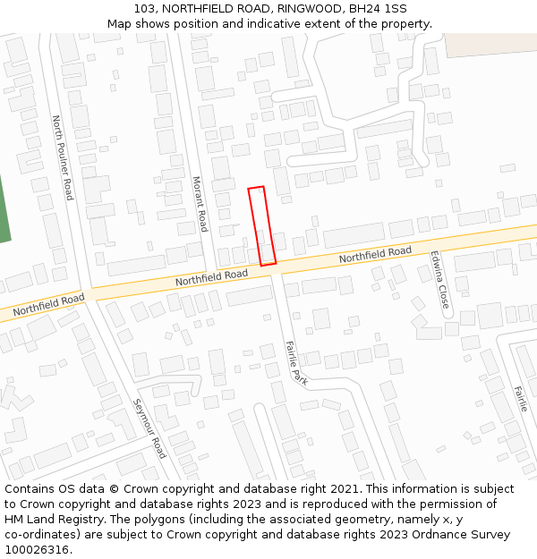 103, NORTHFIELD ROAD, RINGWOOD, BH24 1SS: Location map and indicative extent of plot