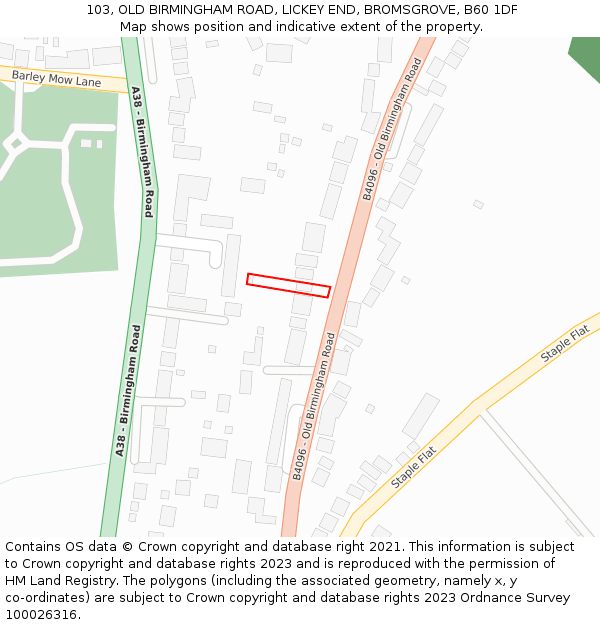 103, OLD BIRMINGHAM ROAD, LICKEY END, BROMSGROVE, B60 1DF: Location map and indicative extent of plot