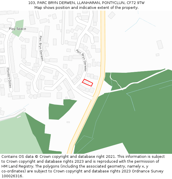 103, PARC BRYN DERWEN, LLANHARAN, PONTYCLUN, CF72 9TW: Location map and indicative extent of plot