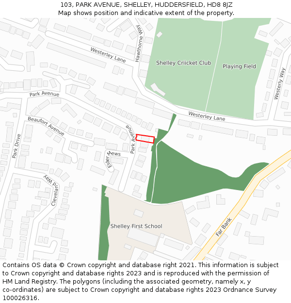 103, PARK AVENUE, SHELLEY, HUDDERSFIELD, HD8 8JZ: Location map and indicative extent of plot