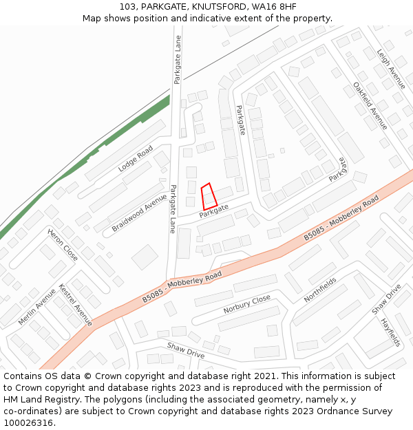 103, PARKGATE, KNUTSFORD, WA16 8HF: Location map and indicative extent of plot