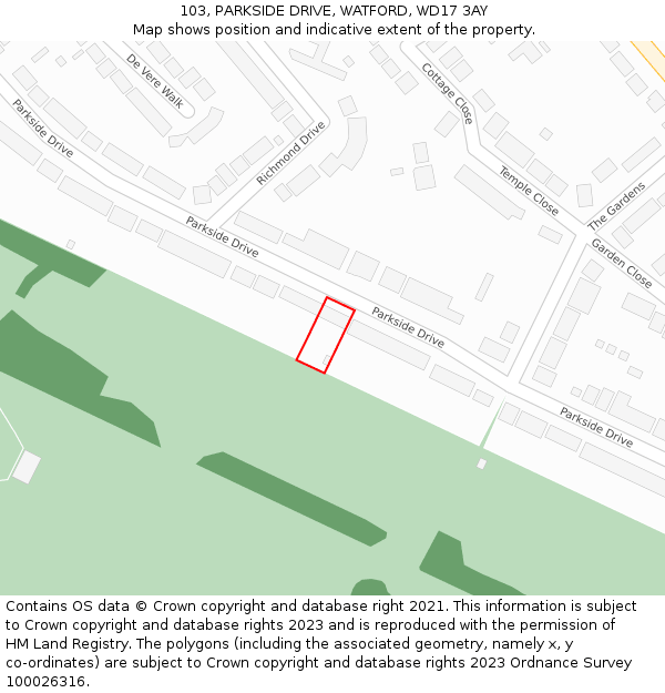 103, PARKSIDE DRIVE, WATFORD, WD17 3AY: Location map and indicative extent of plot