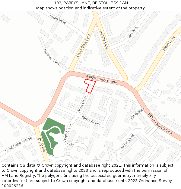 103, PARRYS LANE, BRISTOL, BS9 1AN: Location map and indicative extent of plot