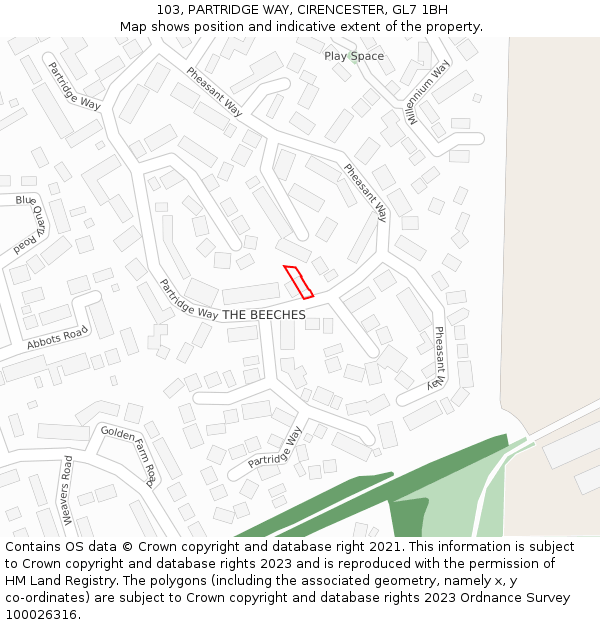 103, PARTRIDGE WAY, CIRENCESTER, GL7 1BH: Location map and indicative extent of plot