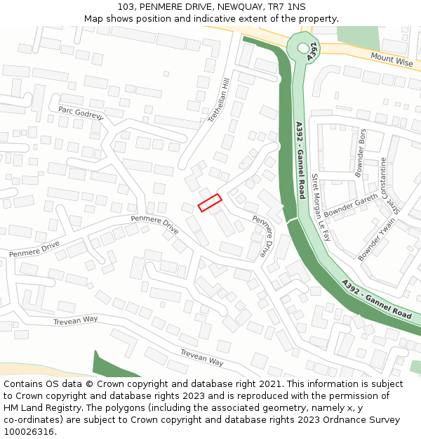 103, PENMERE DRIVE, NEWQUAY, TR7 1NS: Location map and indicative extent of plot