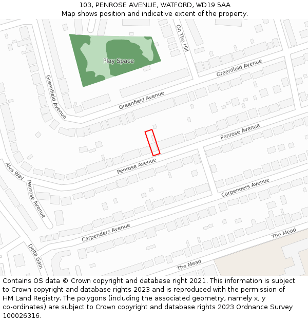 103, PENROSE AVENUE, WATFORD, WD19 5AA: Location map and indicative extent of plot