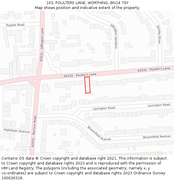 103, POULTERS LANE, WORTHING, BN14 7SY: Location map and indicative extent of plot